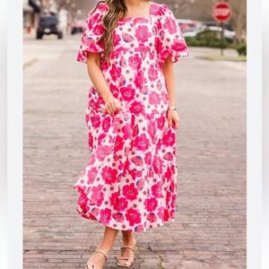 Chic Soul Vibrant Pink Floral Long Sleeve Dress